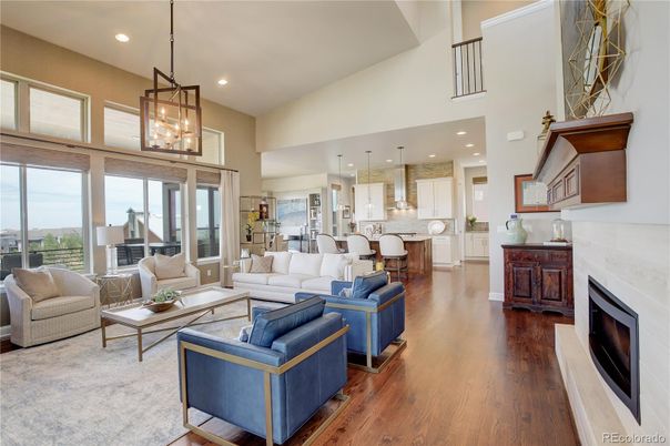 Fireplace, Interior, Kitchen, Living room, Pendant Lights, Recessed Lighting, Wood Texture Flooring