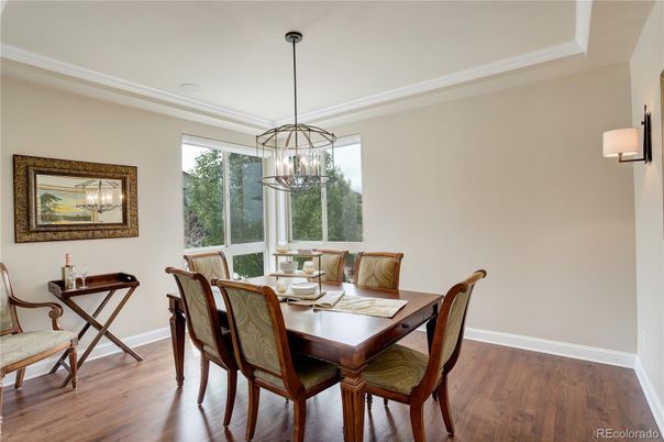 Chandelier, Dining room, Interior, Pendant Lights, Wood Texture Flooring