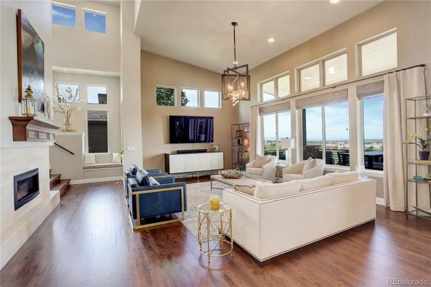 Fireplace, Interior, Living room, Pendant Lights, Recessed Lighting, Wood Texture Flooring