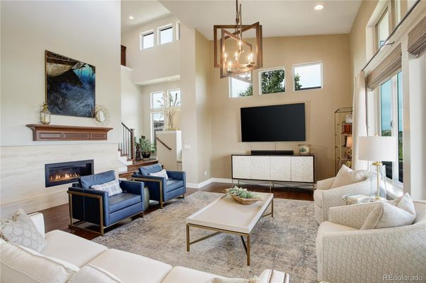 Fireplace, Interior, Living room, Pendant Lights, Recessed Lighting, Wood Texture Flooring