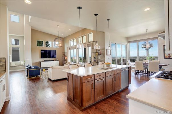 Chandelier, Dining room, Interior, Kitchen, Living room, Pendant Lights, Recessed Lighting, Wood Texture Flooring