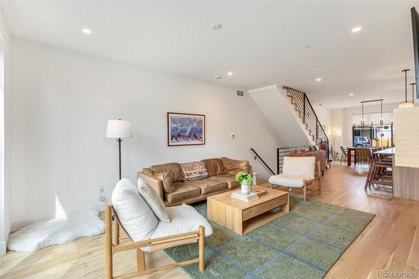 Dining room, Interior, Living room, Pendant Lights, Recessed Lighting, Wood Texture Flooring