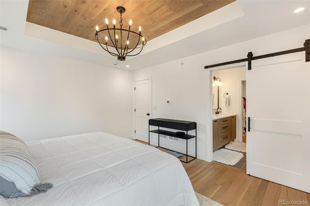 Bedroom, Chandelier, Interior, Recessed Lighting, Wooden Ceilings, Wood Texture Flooring