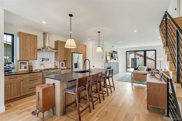 Interior, Kitchen, Living room, Pendant Lights, Recessed Lighting, Stainless Steel Appliances, Wood Texture Flooring