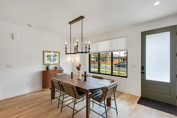 Dining room, Interior, Pendant Lights, Recessed Lighting, Wood Texture Flooring
