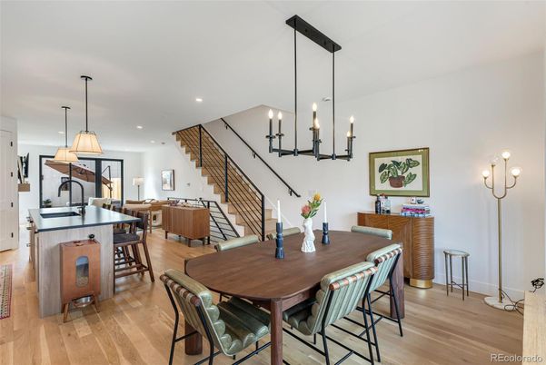 Dining room, Interior, Kitchen, Pendant Lights, Recessed Lighting, Wood Texture Flooring