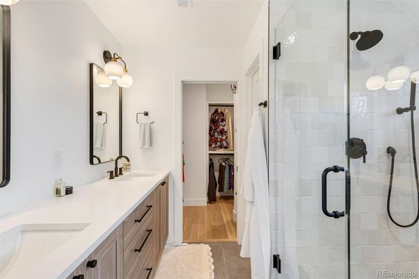 Bathroom, Dual Sink Vanities, Glass Shower, Interior, Wood Texture Flooring