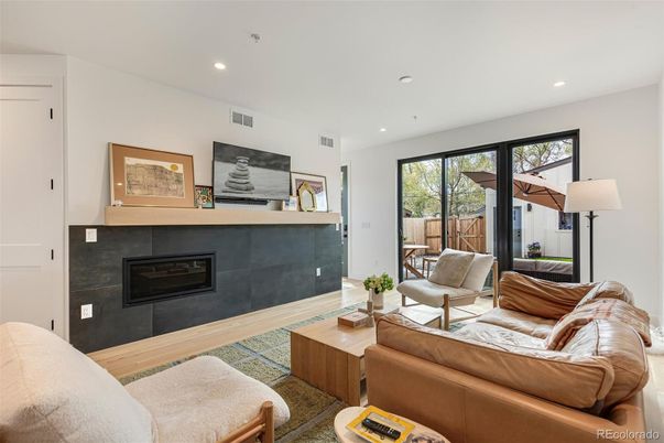 Fireplace, Interior, Living room, Recessed Lighting, Wood Texture Flooring