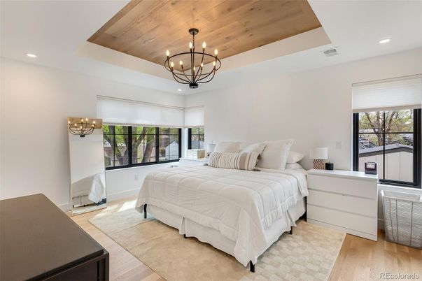 Bedroom, Chandelier, Interior, Recessed Lighting, Wooden Ceilings, Wood Texture Flooring