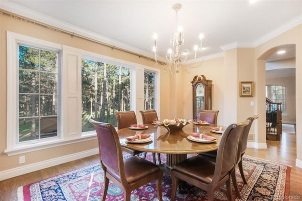 Chandelier, Dining room, Interior, Recessed Lighting, Wood Texture Flooring