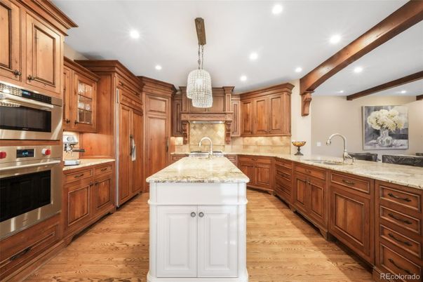 Chandelier, Interior, Kitchen, Recessed Lighting, Stainless Steel Appliances, Wooden Beams, Wood Texture Flooring