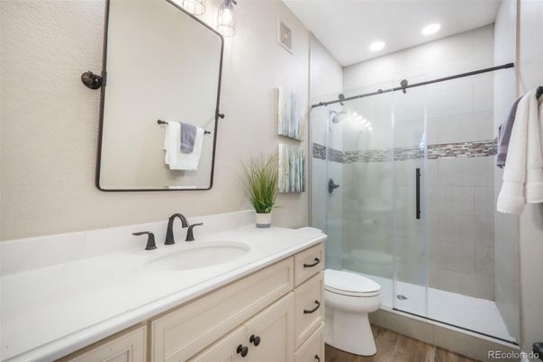 Bathroom, Glass Shower, Interior, Recessed Lighting, Wood Texture Flooring