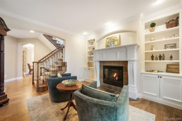 Fireplace, Interior, Living room, Recessed Lighting, Wood Texture Flooring