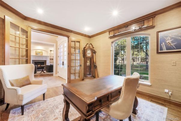 Fireplace, Home Office, Interior, Recessed Lighting, Wood Texture Flooring