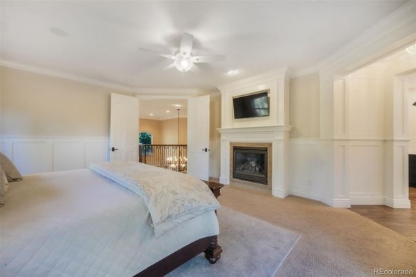 Bedroom, Fireplace, Interior, Recessed Lighting, Wood Texture Flooring