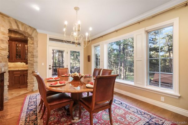 Chandelier, Dining room, Interior, Recessed Lighting, Wood Texture Flooring