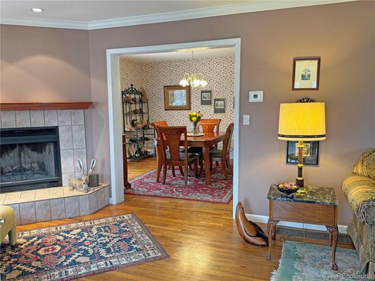 Dining room, Fireplace, Interior, Recessed Lighting, Wood Texture Flooring