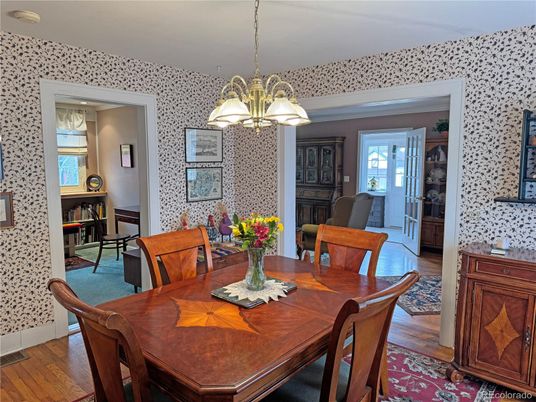 Dining room, Interior, Pendant Lights, Wood Texture Flooring