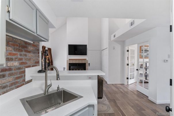 Fireplace, Interior, Kitchen, Stone Walls, Wood Texture Flooring