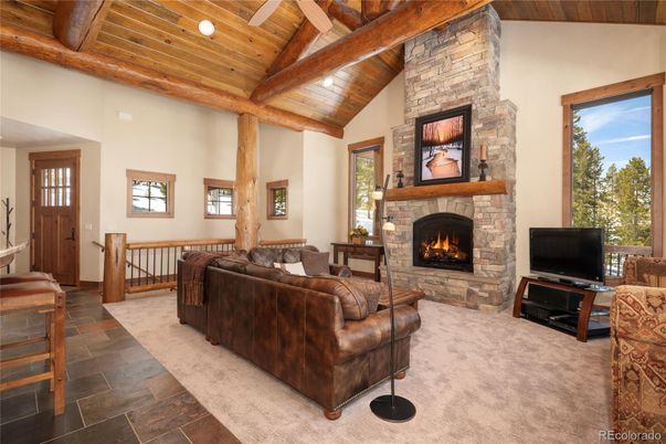 Fireplace, Interior, Living room, Recessed Lighting, Wooden Beams, Wooden Ceilings
