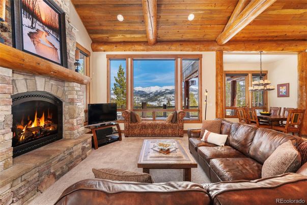 Dining room, Fireplace, Interior, Living room, Pendant Lights, Stone Walls, Wooden Beams, Wooden Ceilings