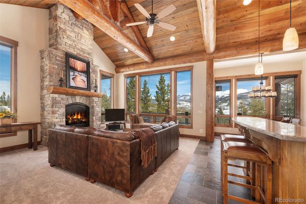 Fireplace, Interior, Living room, Pendant Lights, Recessed Lighting, Stone Walls, Wooden Beams, Wooden Ceilings