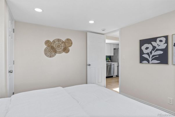 Bedroom, Interior, Kitchen, Recessed Lighting, Stainless Steel Appliances, Wood Texture Flooring