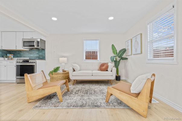 Interior, Kitchen, Living room, Recessed Lighting, Stainless Steel Appliances, Wood Texture Flooring