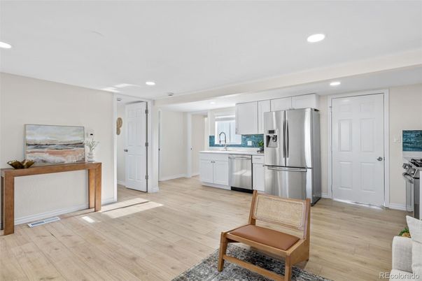 Interior, Kitchen, Recessed Lighting, Stainless Steel Appliances, Wood Texture Flooring