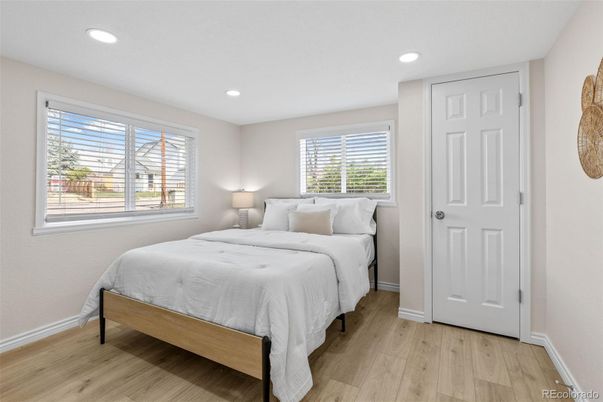 Bedroom, Interior, Recessed Lighting, Wood Texture Flooring
