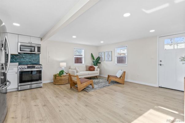 Interior, Kitchen, Living room, Recessed Lighting, Stainless Steel Appliances, Wood Texture Flooring