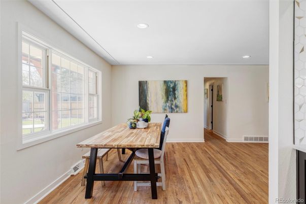 Dining room, Interior, Recessed Lighting, Wood Texture Flooring
