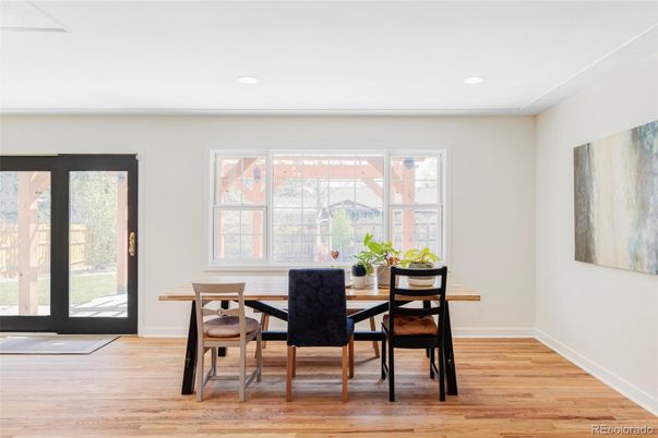 Dining room, Interior, Recessed Lighting, Wood Texture Flooring