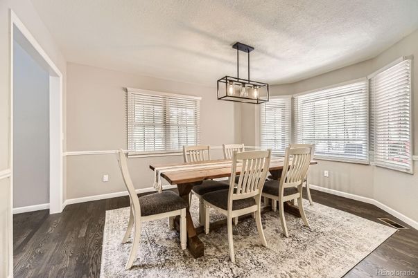 Dining room, Interior, Pendant Lights, Wood Texture Flooring