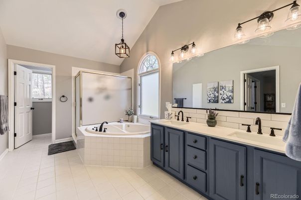 Bathroom, Dual Sink Vanities, Glass Shower, Interior, Pendant Lights