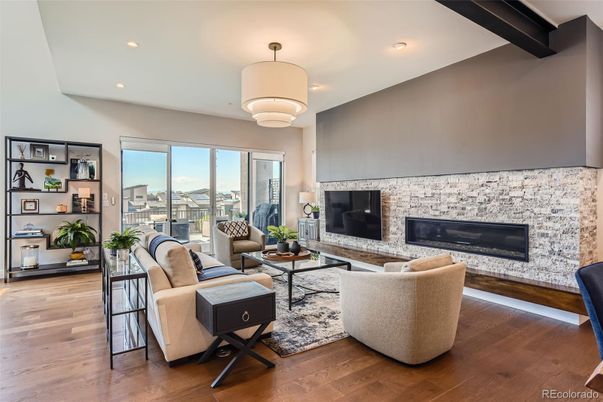 Fireplace, Interior, Living room, Recessed Lighting, Wood Texture Flooring