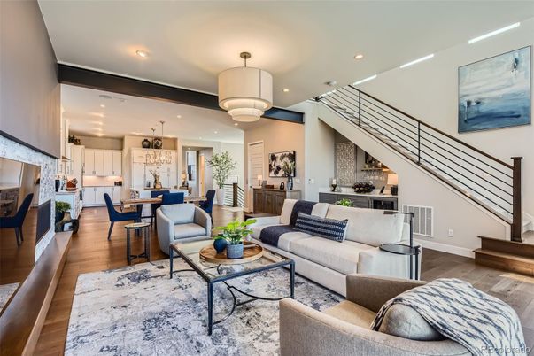 Dining room, Interior, Kitchen, Living room, Pendant Lights, Recessed Lighting, Wood Texture Flooring