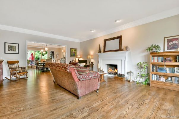 Dining room, Fireplace, Interior, Living room, Pendant Lights, Recessed Lighting, Wood Texture Flooring