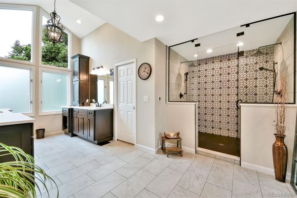 Bathroom, Glass Shower, Interior, Marble, Pendant Lights, Recessed Lighting