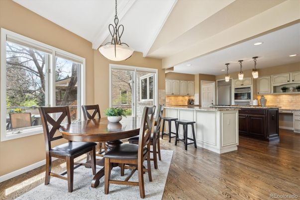 Dining room, Interior, Kitchen, Pendant Lights, Recessed Lighting, Stainless Steel Appliances, Wood Texture Flooring