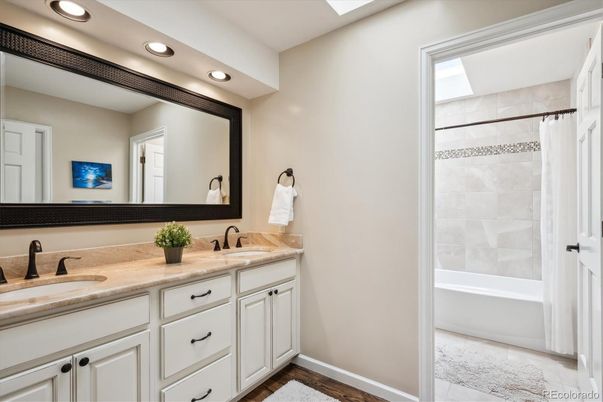 Bathroom, Dual Sink Vanities, Interior, Recessed Lighting, Wood Texture Flooring