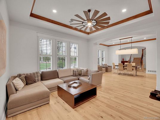 Dining room, Interior, Living room, Pendant Lights, Recessed Lighting, Wood Texture Flooring
