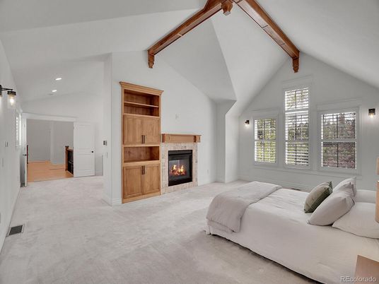 Bedroom, Fireplace, Interior, Recessed Lighting, Wooden Beams