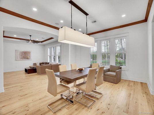 Dining room, Interior, Living room, Pendant Lights, Recessed Lighting, Wood Texture Flooring