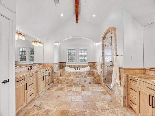 Bathroom, Dual Sink Vanities, Glass Shower, Interior, Recessed Lighting, Wooden Beams