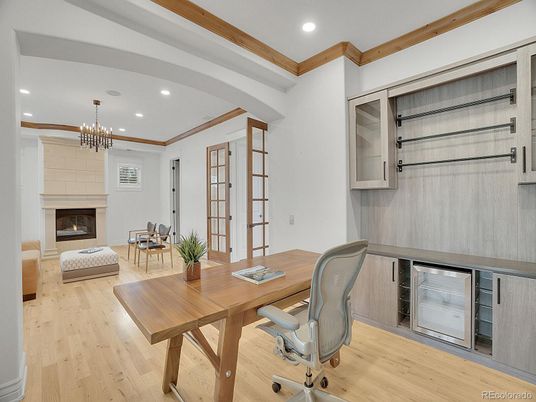 Chandelier, Fireplace, Home Office, Interior, Recessed Lighting, Wood Texture Flooring