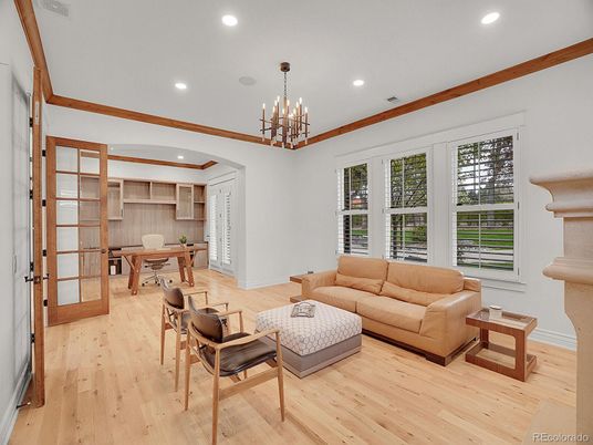 Home Office, Interior, Living room, Pendant Lights, Recessed Lighting, Wood Texture Flooring