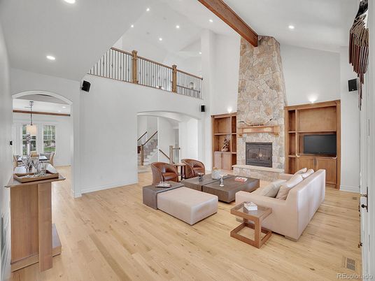 Dining room, Fireplace, Interior, Living room, Pendant Lights, Recessed Lighting, Stone Walls, Wooden Beams, Wood Texture Flooring