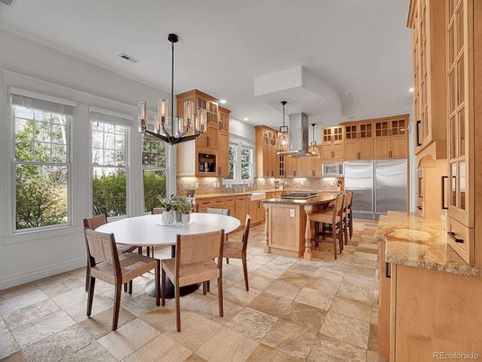 Chandelier, Dining room, Interior, Kitchen, Pendant Lights, Recessed Lighting, Stainless Steel Appliances