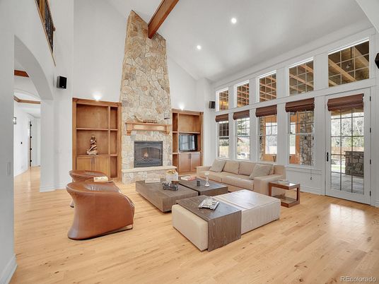 Fireplace, Interior, Living room, Recessed Lighting, Stone Walls, Wooden Beams, Wood Texture Flooring